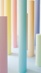 Wall Mural - Three-dimensional colorful columns, a series of vertical columns in pastel shades of pink, blue, yellow, and greenon a light background, creating a sense of order and harmony.
