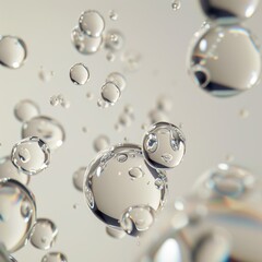 Wall Mural - Three-dimensional image of droplets, numerous transparent drops on a light background that appear to be suspended in air, creating a play of light and shadow.