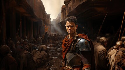 A Roman soldier standing with determination in the ruins of an ancient battlefield, surrounded by other warriors