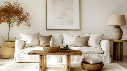 rustic coffee table and wicker basket near white sofa against wall with art frame. boho, country int