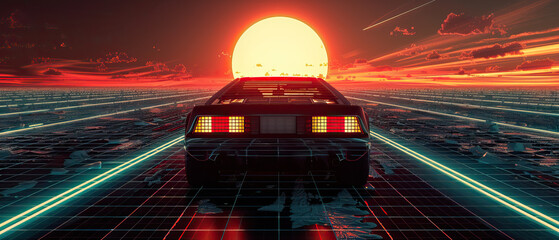 Wall Mural - Artistic, aesthetic 90s car on neon laser gridlines driving towards sunset horizon. 3D 80s retro wave, futuristic, clear, simple, beautiful, isolated, futurism, background, template