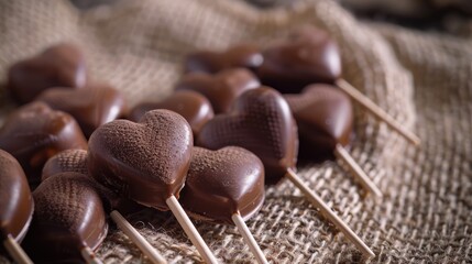 Canvas Print - Close up shot of heart shaped chocolate candies on sticks placed on rough textured sackcloth