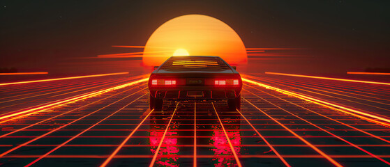 Wall Mural - Artistic, aesthetic 90s car on neon laser gridlines driving towards sunset horizon. 3D 80s retro wave, futuristic, clear, simple, beautiful, isolated, futurism, background, template, mirrored floor