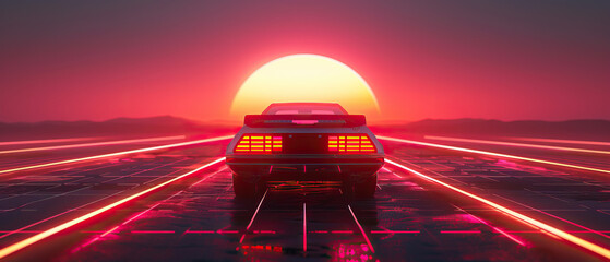 Wall Mural - Artistic, aesthetic 90s car on neon laser gridlines driving towards sunset horizon. 3D 80s retro wave, futuristic, clear, simple, beautiful, isolated, futurism, background, template