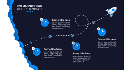 Infographic template. Blue rocket with a line and 4 steps to success