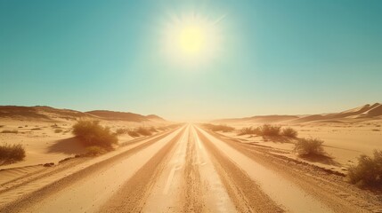 Poster - The deserted desert road stretching into the horizon, with sand dunes on either side and the hot sun blazing above, creating a sense of solitude and adventure.