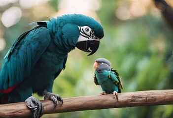 Wall Mural - ai generated illustration of two colorful parrots perched on a wooden branch
