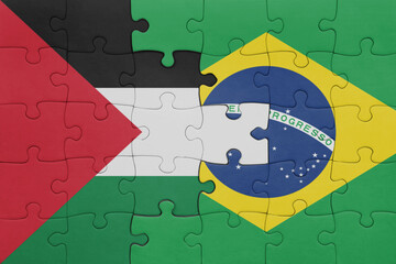 puzzle with the colourful national flag of brazil and flag of palestine.