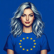 © TimeaPeter - Illustration of a Young Blonde Woman Wearing a European Union Flag T-Shirt on a Blue Background