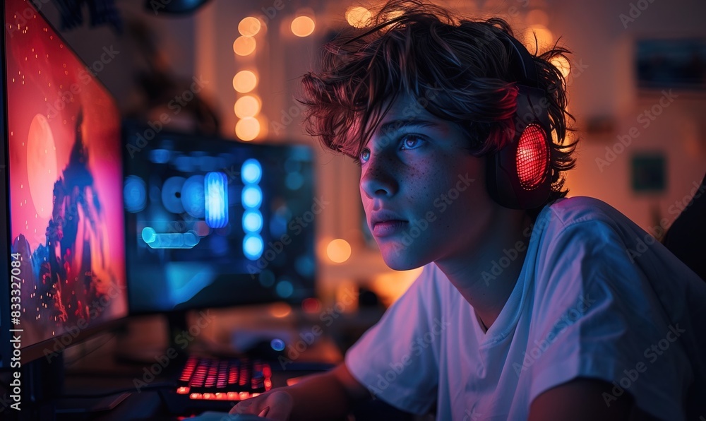 Teenage Boy Gaming At Home Using Dual Computer Screens At Night Stock ...