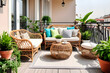 © Nyetock - Elegant decorated balcony with rattan outdoor furniture, bright pillows and plants