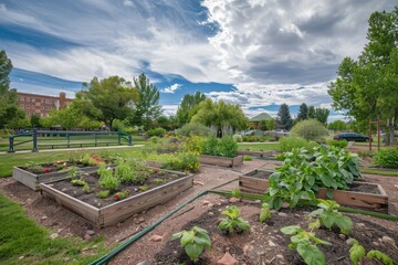 Wall Mural - Professional Photography of a community garden maintained by employees on office grounds, fostering a sense of stew, Generative AI