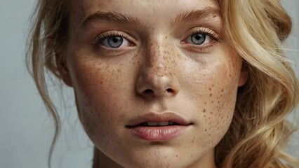 Wall Mural - Close-up of a beautiful girl with freckles on her face