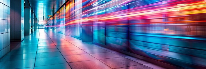 Wall Mural - Bright lights streak along a bustling city street at night in a long exposure shot, capturing the movement and energy of urban life