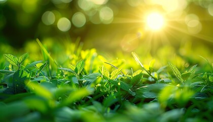 Wall Mural - In bright summer spring morning sunlight, a beautiful natural background macro image of young juicy green grass, grass macro photography, vibrant green grass backdrop, sunny grass field background