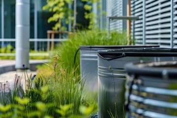 Wall Mural - Professional Photography of a rainwater harvesting system installed on the office premises, conserving water res, Generative AI