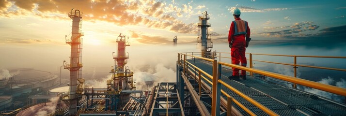 Wall Mural - A Middle Eastern engineer stands on top of a metal platform overseeing operations at an oil refinery