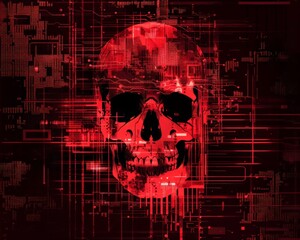 3D illustration of a skull with a glowing red circuit board pattern.