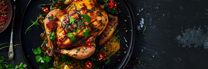 Wall Mural - A topdown view of a grilled chicken served on a black plate, garnished with vibrant herbs, and drizzled with fPU