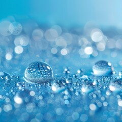 Sparkling water droplets on a blue background