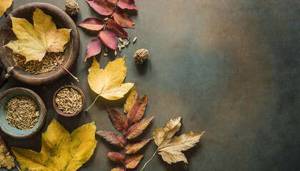 Flat lay background with copy space and autumn leaves