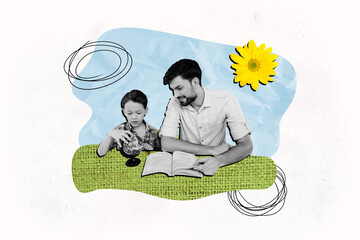 Sticker - Composite collage image picture of father help son homework isolated on creative background