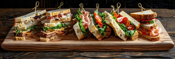 Wall Mural - A wooden cutting board showcases a cut-in-half sandwich with various fillings on top