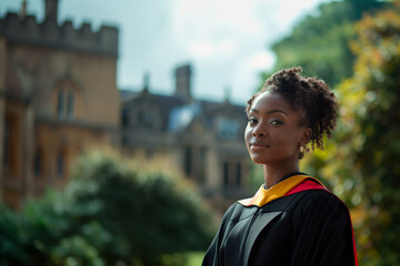 Wall Mural - A confident graduate adjusting their gown, looking determined and ready for the future, standing against the backdrop of a historic university building.