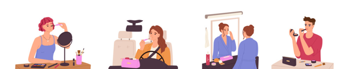 Different women do makeup set. People do visage in front of mirror, applying mascara, lipstick, powder. Girl does make up during driving. Beauty routine. Flat isolated vector illustrations on white