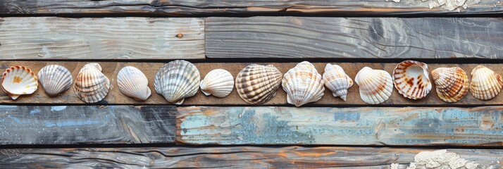 The feel of a summer beach, combining rustic, weathered beachwood with scattered seashells, in a palette of natural wood tones, sandy beiges, and soft sea blues background, ai generated