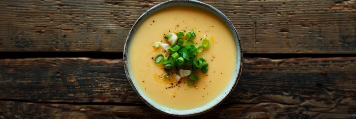 Wall Mural - A top-down view of a bowl of creamy beer cheese soup with a green onion garnish, placed on a wooden table