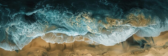 Detailed aerial view of ocean meeting sandy beach, capturing coastline from above