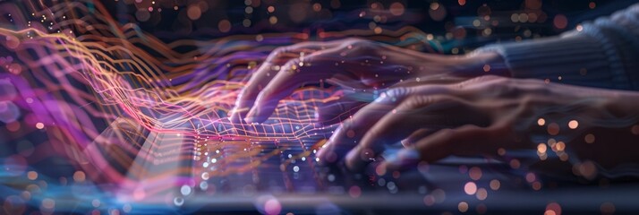 Wall Mural - Close-up view of hands typing on a computer keyboard, with abstract light trails symbolizing data flow in the background