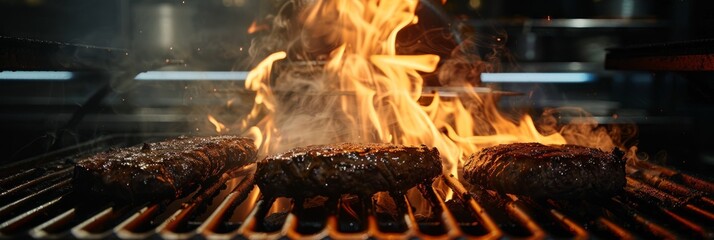 Poster - A close-up view of steaks sizzling on a dark grill with dynamic flames, indicating the cooking process