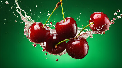 cherries are being splashed with water and a green background.