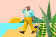 © deagreez - Composite photo collage of serious overweight belly man walk resort beach carry suitcase vacation relax isolated on painted background