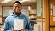 © Felippe Lopes - Young African American male student proudly holding his diploma in a classroom, celebrating academic achievement and success.
