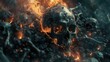 © Mr. Bolota - The End of Humanity: A Haunting Image of a Giant Skull Amidst a Pile of Bones on Fire in a Dark, Apocalyptic Inferno.