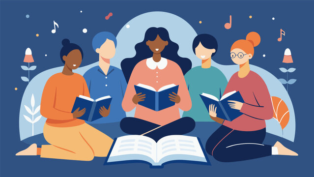The gentle melodies of religious music set the tone for a meditative book club meeting as members reflect on the spiritual wisdom within the pages of. Vector illustration
