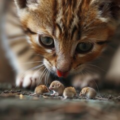 Curious cat observing baby mice
