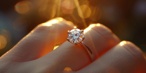 Stunning engagement ring with a brilliant diamond on a delicate band, captured in the soft glow of sunset light creating a romantic and elegant atmosphere
