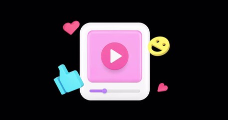 Wall Mural - video player social media network entertainment content live broadcasting 3d icon animation with alp