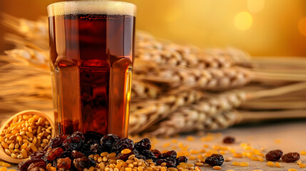 Wall Mural - photo Glass of tasty kvass, raisins and wheat grains isolated realistic