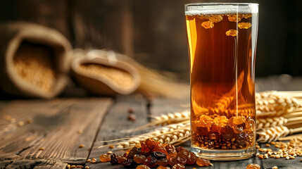 Wall Mural - photo Glass of tasty kvass, raisins and wheat grains isolated realistic
