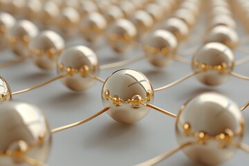 A pattern of interconnected gold spheres forming an intricate geometric network on light grey background, creating the illusion that they form a three dimensional grid structure
