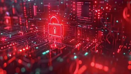 Poster - This red padlock securely fastened on a computer circuit board, symbolizing data protection and security.