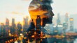 © tinnakorn - A silhouette of a man with a cityscape superimposed over his face, symbolizing ambition, progress, and urban life.