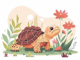 Wall Mural - A whimsical turtle exudes joy, with a gentle, friendly demeanor, making cheerful faces while clutching a flower