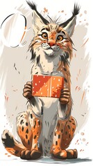 Wall Mural - A whimsical lynx with a friendly and gentle demeanor, making joyful faces and holding a gift, portrayed in a simple flat color line style reminiscent of a storybook character