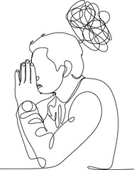 Wall Mural - Line drawing of young man depressed, sad emotional turmoil, loss, grief, life problems, confusion, disordered feelings and worry about poor mental health.